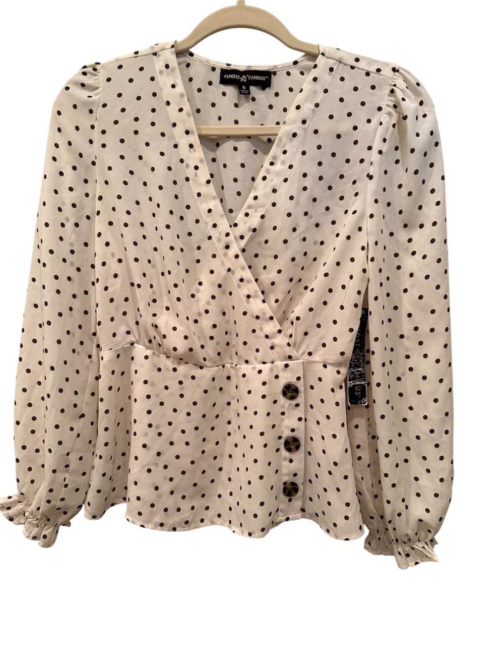 NWT V Neck Faux Wrap Blouse Top Brown Polka Dots Buttons Semi Sheer Sz S